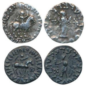 Indo-Scythians, Azes II, Silver Drachm (2), 1.99g1.15g, obv. king mounted on a horse to ri