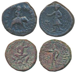 Kushanas, Huvishka (c. 152-192 AD), Copper Unit (2), 13.99g15.56g,, obv. king seated cross
