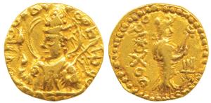 Kushanas, Huvishka, Gold Dinar, 6.38g, obv. nimbate and helmeted bust of the king emerging