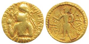 Kushanas, Huvishka, Gold Dinar, 7.76g, obv. nimbate, diademed and crowned half- length bus