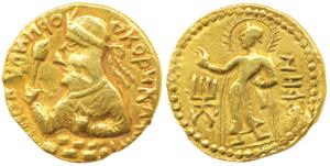 Kushanas, Huvishka, Gold Dinar, 7.7g, obv. crowned half-length bust of the king seated on 