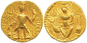 Later Kushanas, Vasudeva II (290-310 AD), Gold Dinar, 7.78g, obv. king standing left, hold
