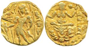 Guptas, Kumaragupta I, Gold Dinar, 7.6g, ‘Archer’ type, obv. king nimbate, standing left h