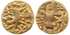 Karkotakas of Kashmir, Pratapaditya (5th century AD), Base Gold, 7.41g, obv. seated goddes