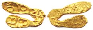 Shilaharas of Kolhapur or Feudatories (c. 1050-1212 AD), Gold U-Shaped Fanam, 0.52g, three