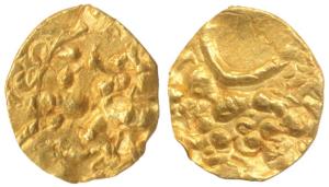 Hoysala, Gold Fanam, 0.39g, obv. lion and curved line; rev. Vishnu standing. Very Fine+, S
