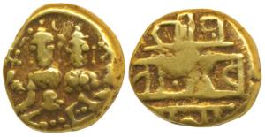 Vijayanagar Empire, Devaraya I, Gold Pagoda, 3.39g, obv. Shiva-Parvati seated, Siva holdin