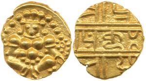 Nayakas of Chitradurga, Gold Durgi Pagoda or Hon, 3.3g, obv. Krishna as Bal Gopala, rev. D