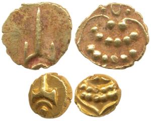 Marathas, Tanjavore, Venkoji, Gold Fanam (2), obv. Katar, rev. degenerate Kali (M&W T3, p.