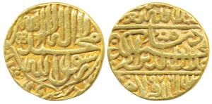 Akbar, Gold Mohur, 10.50g, Dar us-Sultanate Lahore Mint, AH 976, obv. Kalima on obv., near
