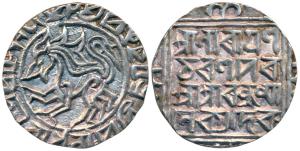 Ratna Manikya (SE 1386-1411; 1464-1489 AD), Silver Tanka, 10.10g, Saka 1386, Ratnapura, ob