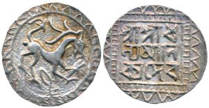 Dhanya Manikya (SE 1412-1442; 1490-1526 AD), Silver Tanka, 10.47g, undated, obv. solid lio