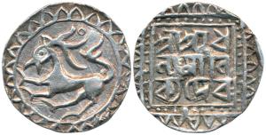 Dhanya Manikya, Silver Tanka, 10.56g, undated, obv. solid lion to left with small annulet 