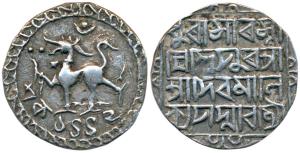 Deva Manikya, Silver Tanka, 10.56g, Saka 1449, citing Queen Padmavati, obv. lion facing le