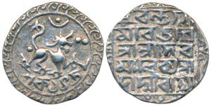 Deva Manikya, Silver Tanka, 10.72g, Saka 1450, citing Queen Padmavati and celebrating a vi