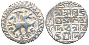 Vijaya Manikya (SE 1454-1484; 1532-1564 AD), Silver Tanka, 10.74g, Saka 1454, obv. lion to