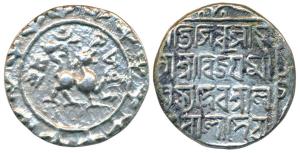 Vijaya Manikya, Silver Tanka, 10.32g, Saka 1479, citing Queen Lakshmi, obv. lion to right,