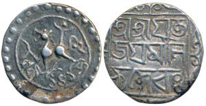 Jaya Manikya I (SE 1495-1499; 1573-1577 AD), Silver Tanka, 10.63g, Saka 1495, obv. lion fa