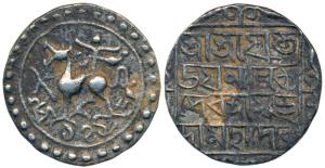 Jaya Manikya I, Silver Tanka, 10.58g, Saka 1495, citing Queen Subhadra, obv. lion facing l