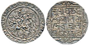 Yaso Manikya, Silver Tanka, 10.69g, Saka 1522, Krishna with one gopi, citing Queen Lakshmi