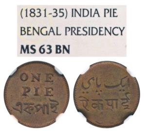 Calcutta Mint, Copper Pie, obv. value in English and Bengali, rev. Value in Persian and Na