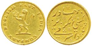 Gold ¼ Mohur (Ashrafi), 2.92g, obv. a lion holding a crown in its hand to left, rev. Persi