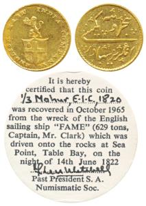 Gold Rupees 5 or 1/3 Mohur, 3.87g, obv. company arms with a lion holding a crown, rev. Per
