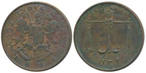 Copper ½ Anna, 12.71g, 1834, obv. coat of arms of the EIC and date below, rev. scales and 