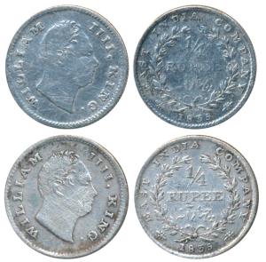 William IV, Silver ¼ Rupee, 1835, Bombay Mint, No initials, Wreath with 20 Berries (10L+10