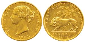 Victoria Queen, Gold Mohur, 1841, divided legend, WW incused on truncation (KM 462.1). Ver