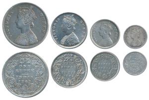 Victoria Queen, set of 4, Silver Rupee, ½, ¼2 Annas, 1862. Fine to Very Fine. (4)