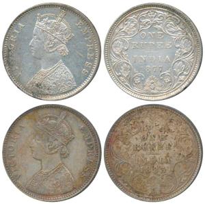 Victoria Empress, Silver Rupee, 1877, Bombay Mint, A2 / II / dot, (Prid 149); 1883, Calcut