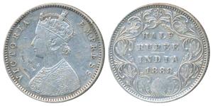 Victoria Empress, Silver ½ Rupee, 1888, Bombay Mint, A / II / No mint mark, (Prid 297). Sc