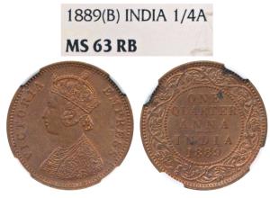 Victoria Empress, Copper ¼ Anna, 1889, Bombay Mint, (Prid 644). Graded by NGC MS63 RB.