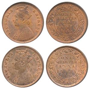 Victoria Empress, Copper ¼ Anna (2), Calcutta Mint, 1889 and 1901. Uncirculated. (2)