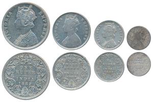 Victoria Empress, set of 4, Silver Rupee, ½, ¼,2 Annas, 1889, Bombay Mint, C2 / I / B incu