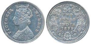 Victoria Empress, Silver 2 Annas, 1895, Calcutta Mint, B / II / C incuse (Prid 510). Extre
