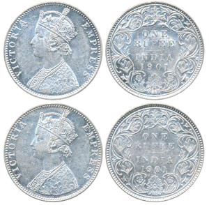 Victoria Empress, Silver Rupee (2), both different, 1901, B incused. About Extremely Fine 