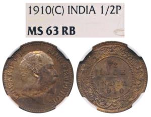 Edward VII, Copper ½ Pice, 1910, Calcutta Mint, (Prid 744). Graded by NGC MS63 RB.