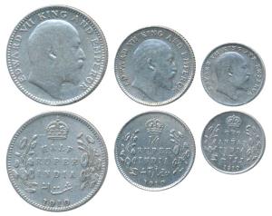 Edward VII, Silver ½ Rupee, ¼2 Annas, 1910, Calcutta Mint. Fine to Very Fine. (3)