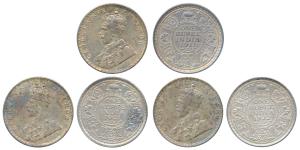George V, Silver Rupee (3), 1911, 1921, 1922, BombayCalcutta Mint. All with toning, About 