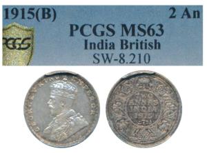 George V, Silver 2 Annas, 1915, Bombay Mint (Prid 574). Graded by PCGS MS63.