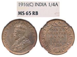 George V, Copper ¼ Anna, 1916, Calcutta Mint, (KM 512). Graded by NGC MS65RB, Rare.