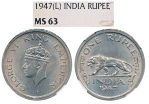 George VI, Cupro Nickel Rupee, 1947, Lahore Mint, No mint mark, (Prid 864). Graded by NGC 