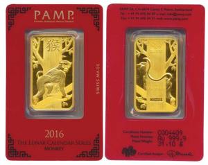 Lunar Calendar Series, Gold Ounce, 31.1g, year of the Monkey, 2016, obv. a monkey standing