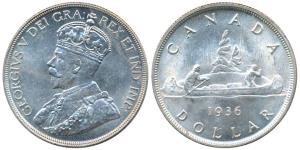 Canada, George V, Silver Dollar, 23.33g, 1936 (KM 31). Uncirculated, Rare.