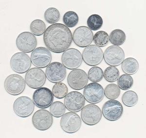 Canada, Silver 25 Cents (19), 10 Cents (13); Netherlands 2.5 Gulden; Granada; total weight