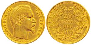 France, Napoleon III, Gold 20 Francs, 6.4g, 1854A, Paris Mint, obv. bare head, rev. value 