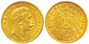 Germany, Prussia, Wihelm II, Gold 20 Mark, 8g, Berlin Mint, 1905 A. (KM 521). Very Fine+, 