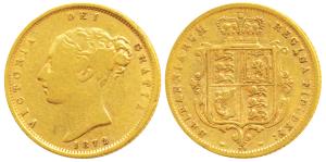 Great Britain, Victoria Queen, Gold ½ Sovereign, 4g, 1872, Young head, Shield on rev. (KM 
